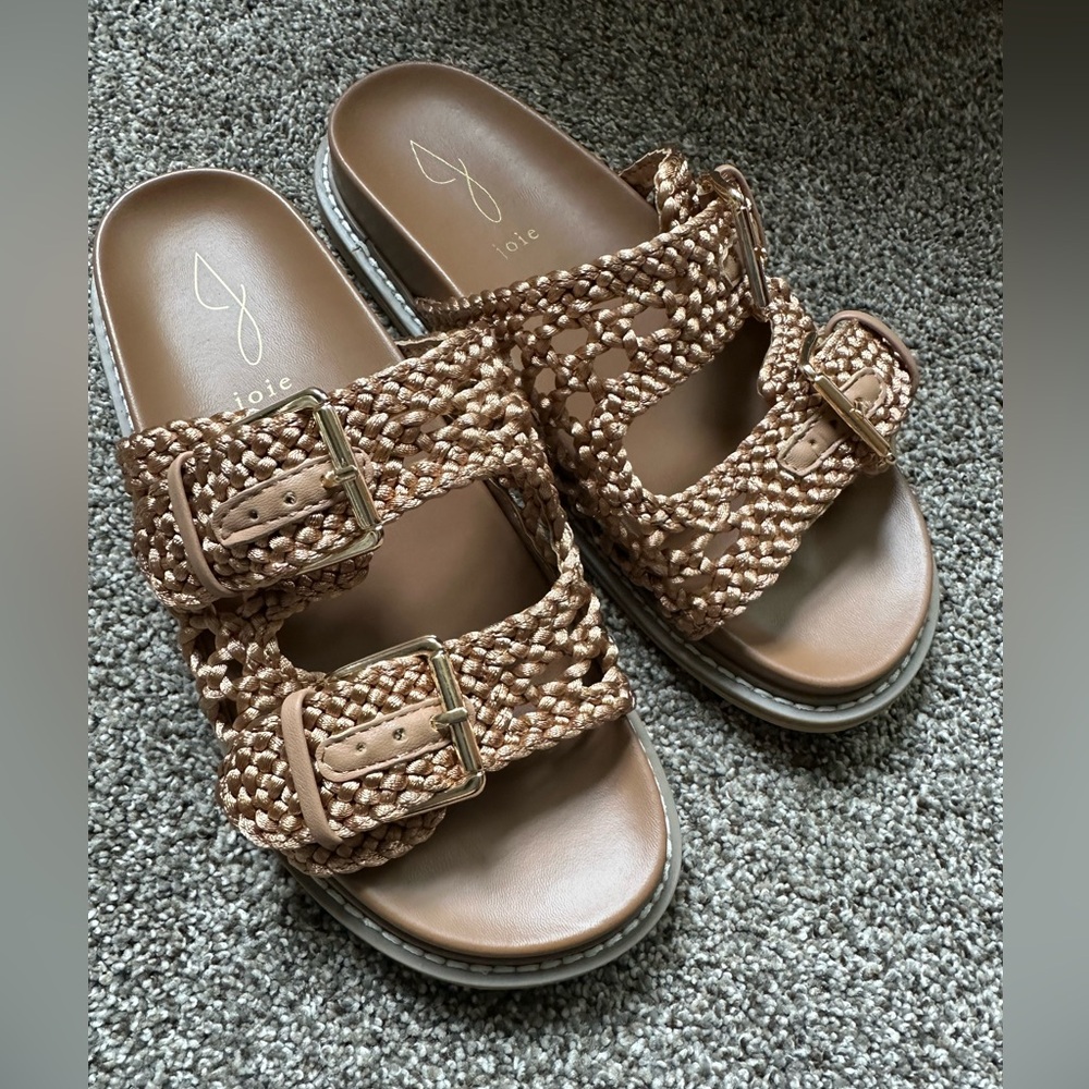 Joie Double Buckle Woven Metallic Slide Sandals